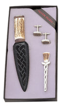 Staghorn 3 Piece Gift Set With Staghead Top displayed beautifully with walnut and pewter details.