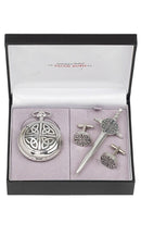 Celtic 3 Piece Quartz Pocket Watch Gift Set including pocket watch, kilt pin, and cufflinks in a stylish presentation box.