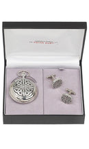 Celtic 2 Piece Quartz Pocket Watch Gift Set featuring a beautifully designed pocket watch and cufflinks.