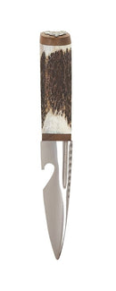 Elegant Staghorn Bottle Opener Sgian Dubh With Walnut, complete with a brown leather sheath.