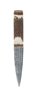 Staghorn Damascus Sgian Dubh with Walnut handle and brown leather sheath displayed in a black presentation box.