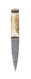 Staghorn Damascus Sgian Dubh with Walnut, featuring a stylish leather sheath and elegant design for collectors.