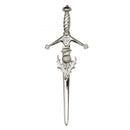Claidhmhor with Thistle Kilt Pin displayed against a rustic background, highlighting intricate design and craftsmanship.
