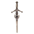 Close-up of the Claidhmhor with Thistle Kilt Pin, showcasing detailed thistle motifs and pewter finish.