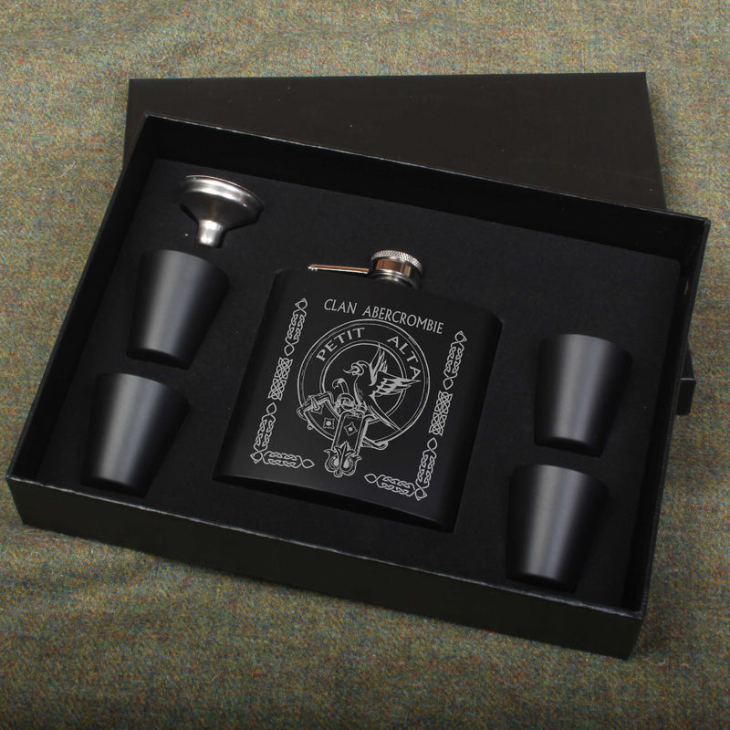 Abercrombie Clan Crest engraved 6oz Matt Black Hip Flask Gift Set with Cups and Funnel