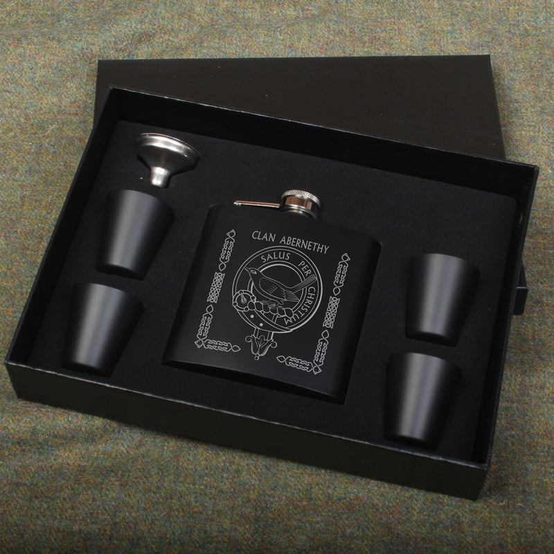 Abernethy Clan Crest engraved 6oz Matt Black Hip Flask Gift Set with Cups and Funnel