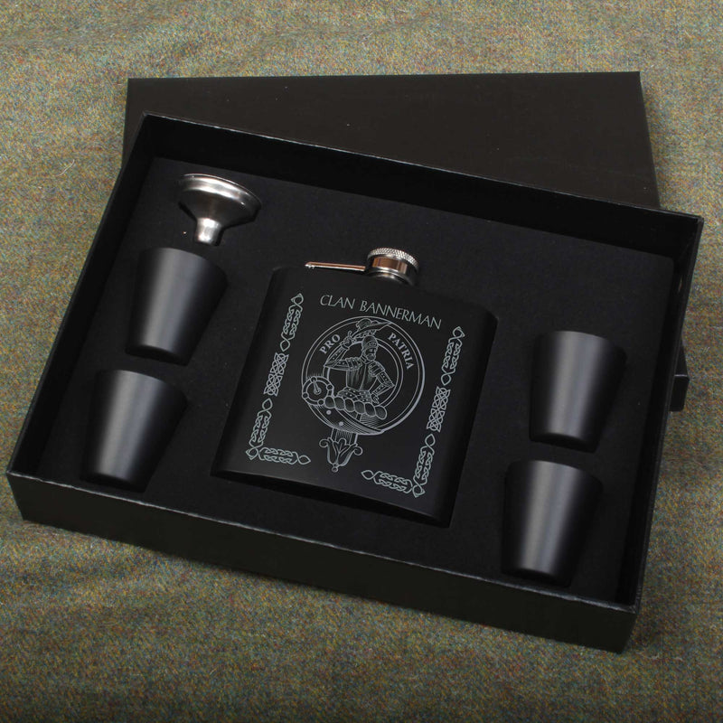 Bannerman Clan Crest engraved 6oz Matt Black Hip Flask Gift Set with Cups and Funnel