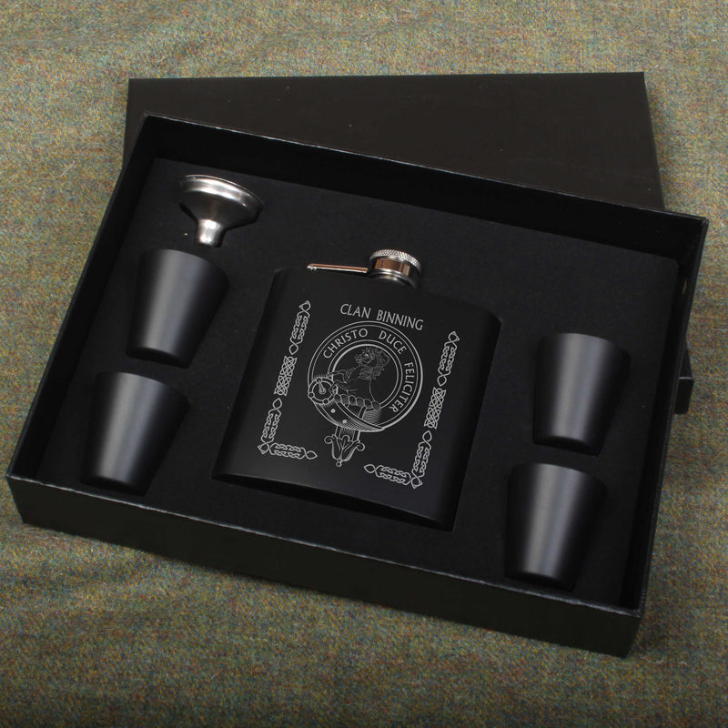 Binning Clan Crest engraved 6oz Matt Black Hip Flask Gift Set with Cups and Funnel