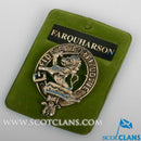 Farquharson Clan Crest Badge in Pewter, showcasing the elegant belted design, perfect for displaying clan heritage as a cap badge or brooch.