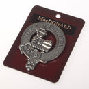 MacDonald of Sleat Clan Crest Cap Badge showcasing a traditional belted design, perfect for wearing as a cap badge or brooch pin at clan gatherings.
