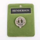 Henderson Clan Crest Small Pewter Pin Badge on a stylish background displaying its antique palladium finish and clan details, ideal for showcasing Scottish heritage.
