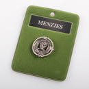 Menzies Clan Crest Small Pewter Pin Badge showcasing the elegant design and antique palladium finish, perfect for displaying clan pride.