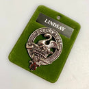 Lindsay Clan Crest Badge in Pewter, showcasing a high-quality palladium coated design, perfect for displaying clan pride at gatherings.