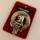 Chalmers Clan Crest Badge in Pewter, featuring traditional belted clan design, worn as a cap badge or brooch pin.