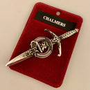 Clan Crest Pewter Kilt Pin with Chalmers Crest showcasing its antique palladium finish, perfect for adding a traditional touch to Scottish attire.