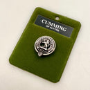 Cumming Clan Crest Small Pewter Pin Badge featuring a high-quality pewter design with an antique palladium finish, perfect for showcasing Scottish heritage.