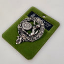 MacBean Clan Crest Badge in Pewter displaying a traditional belted design, perfect for showcasing clan heritage as a cap badge or large brooch pin.