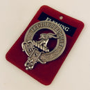 Fleming Clan Crest Badge in Pewter worn as a pin, featuring a traditional belted design and perfect for clan gatherings.