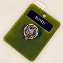 Innes Clan Crest Small Pewter Pin Badge showcasing Scottish heritage, perfect for wearing as a brooch or lapel pin.
