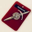 Clan Crest Pewter Kilt Pin with Primrose Crest, featuring an antique palladium finish, handmade in Scotland from high-quality pewter, perfect for adding a unique touch to traditional Scottish dress.