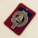 Home Hume Clan Crest Badge in Pewter, a stylish cap badge or brooch pin featuring a traditional belted clan design, perfect for gatherings and everyday wear.