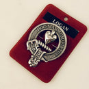 Logan Clan Crest Badge in Pewter displayed featuring a traditional belted design, ideal for everyday wear or clan gatherings.