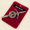 Clan Crest Pewter Kilt Pin featuring MacKay Crest, crafted from high-quality pewter with an antique palladium finish, measuring 3.5 inches in length, perfect for showcasing Scottish heritage.