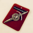 Clan Crest Pewter Kilt Pin with Cunningham Crest showcasing an antique palladium finish, crafted in Scotland from high-quality pewter, perfect for traditional Scottish attire.