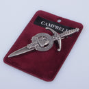 Clan Crest Pewter Kilt Pin featuring the Campbell Crest, crafted from high-quality pewter with an antique palladium finish, measuring 3.5 inches long, perfect for showcasing Scottish heritage.