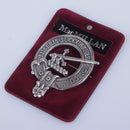 MacMillan Clan Crest Badge in Pewter, featuring a traditional belted design, ideal for wearing as a cap badge or large brooch pin, size 2" x 2.5".