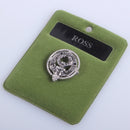 Ross Clan Crest Small Pewter Pin Badge featuring an antique palladium finish, perfect for showcasing Scottish heritage and style.