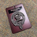 MacLaine of Lochbuie Clan Crest Badge in Pewter, showcasing the traditional belted design perfect for everyday wear or clan gatherings, measuring approximately 2x2.5 inches.