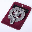 Sandilands Clan Crest Badge in Pewter, featuring a traditional belted design, suitable for everyday wear and clan gatherings, measuring approximately 2" x 2.5".