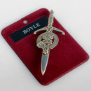 Clan Crest Pewter Kilt Pin with Boyle Crest featuring an antique palladium finish and expert craftsmanship. Perfect for adding a traditional Scottish touch to your outfit.