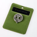 Cameron Clan Crest Small Pewter Pin Badge showcasing Scottish heritage, features antique palladium finish and meticulous craftsmanship, ideal for brooch or lapel wear.