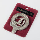 Carmichael Clan Crest Badge in Pewter, featuring a traditional belted design, perfect for everyday wear or clan gatherings, with a strong locking safety pin.