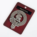 Swinton Clan Crest Badge in Pewter, featuring a traditional belted design, perfect for wear at clan gatherings or as a daily accessory.