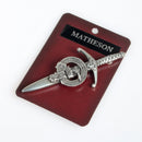 Clan Crest Pewter Kilt Pin with Matheson Crest showcasing a broadsword style design and antique palladium finish, perfect for Scottish heritage and traditional kilt attire.