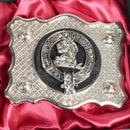 Home / Hume Pewter Clan Crest Buckle For Kilt Belts displayed in its elegant presentation box, perfect for gifting and showcasing Scottish heritage.
