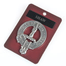 Shaw Clan Crest Badge in Pewter featuring a traditional belted design, perfect for cap or brooch use.