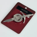 Clan Crest Pewter Kilt Pin with Wood Clan Crest, featuring an antique palladium finish, cast in Scotland, perfect for showing off your Scottish heritage.