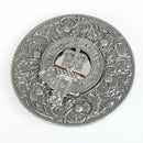 Close-up of the Caledonia Thistle Clan Crest Plaid Brooch in high quality pewter, emphasizing its detailed craftsmanship and Scottish heritage.