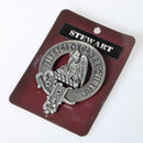 Stewart Clan Crest Badge in Pewter showcasing traditional belted design for cap or brooch wear.