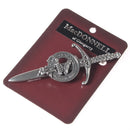 Clan Crest Pewter Kilt Pin featuring MacDonald of Glengarry Crest, showcasing its elegant broadsword design and antique palladium finish.