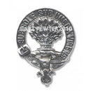 Irvine Clan Crest Badge in Pewter showcasing the intricate design and traditional belted motif, perfect for representing Scottish heritage.