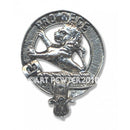 A close-up of the MacFie Clan Crest Badge in Pewter, highlighting its intricate details and traditional lock safety pin.