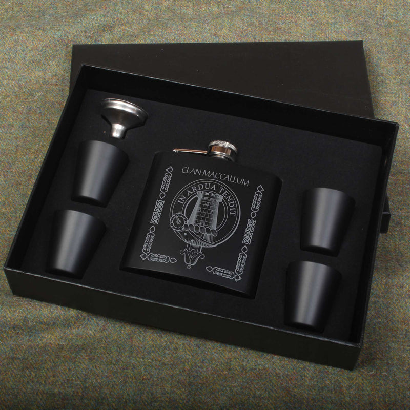 MacCallum Clan Crest engraved 6oz Matt Black Hip Flask Gift Set with Cups and Funnel