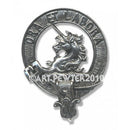 Ramsay Clan Crest Badge in Pewter featuring a belted design, perfect for displaying clan pride. High-quality craftsmanship and palladium coating make this badge an elegant accessory ideal for any clan gathering.