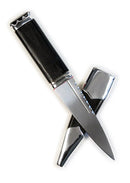 Elegant Fyne Stone Top Sterling Silver Sgian Dubh displayed in its leather scabbard with polished stainless steel blade.