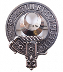 Close-up view of the Arnott Clan Crest Badge in Pewter featuring a strong locking safety pin design, perfect for cap badges or brooches.